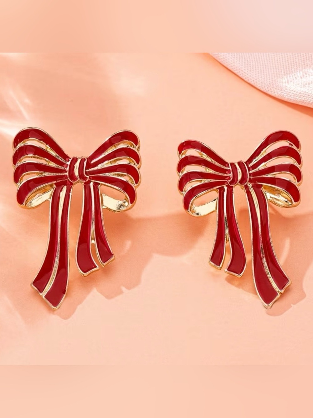 Gold-Tone Red Enamel Bow Earrings